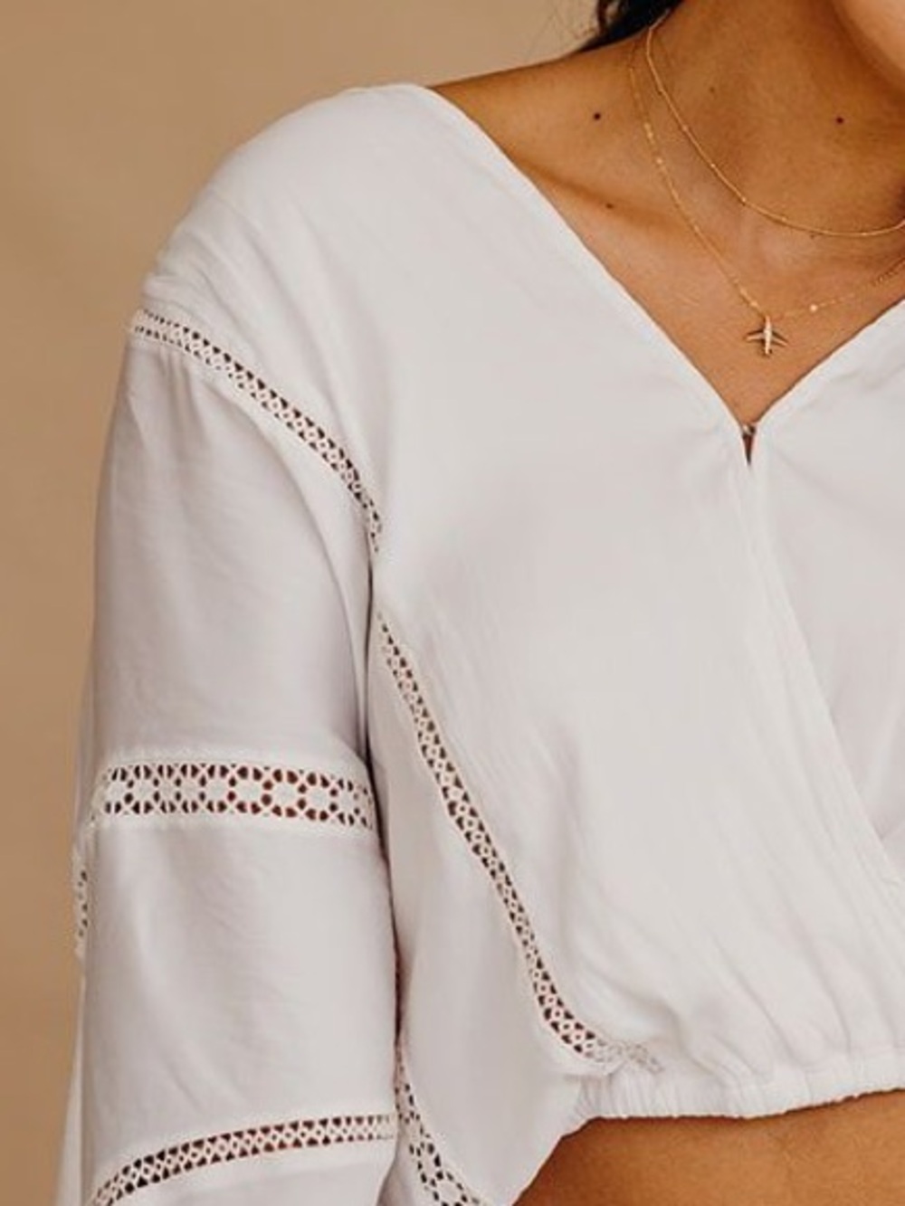 Lush White Cropped V-Neck Blouse with Lace Insets